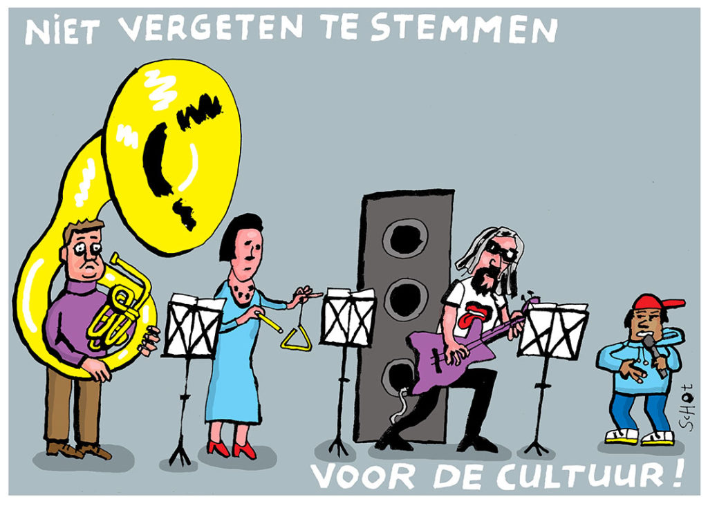 illustratie van een band met de tekst 'niet vergeten te stemmen voor cultuur'