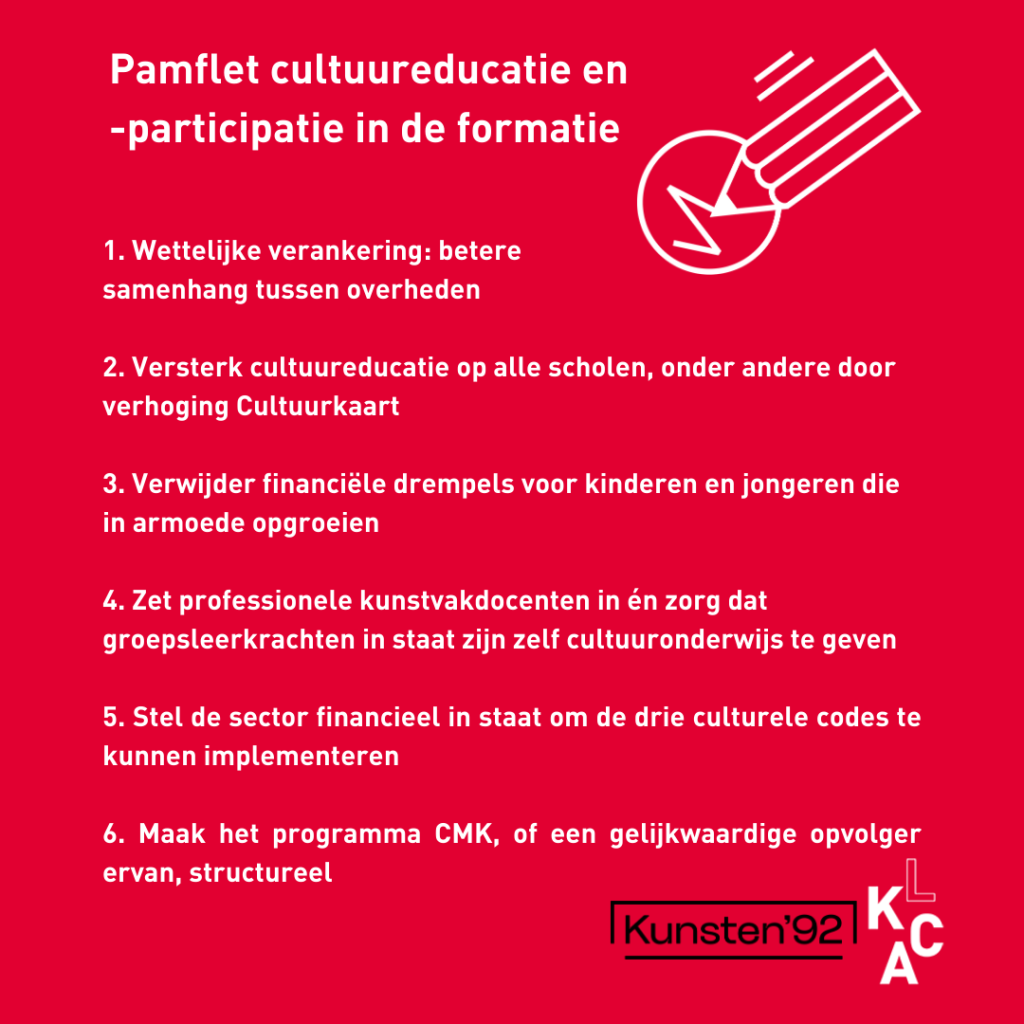 Pamflet cultuureducatie en -participatie in de formatie

1. Wettelijke verankering: betere 
samenhang tussen overheden

2. Versterk cultuureducatie op alle scholen, onder andere door verhoging Cultuurkaart 

3. Verwijder financiële drempels voor kinderen en jongeren die in armoede opgroeien

4. Zet professionele kunstvakdocenten in én zorg dat groepsleerkrachten in staat zijn zelf cultuuronderwijs te geven

5. Stel de sector financieel in staat om de drie culturele codes te kunnen implementeren

6. Maak het programma CMK, of een gelijkwaardige opvolger ervan, structureel